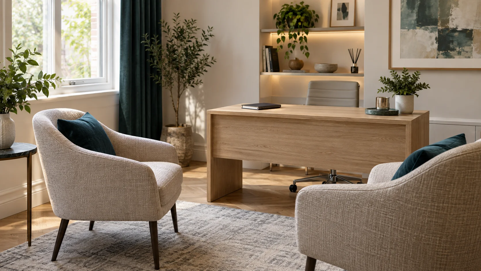 Illustrative consultation room with comfortable seating and a desk